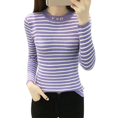 

Women Autumn Winter Stripes Print Slim Long-Sleeved Round Collar Slim Bottom Knit Sweater