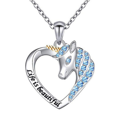 

Heart Shaped Unicorn Diamond Pendant Carving Life Is Beautiful Pendant Necklace