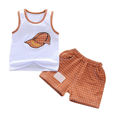 

Baby Clothes Summer Baby Boys Sleeveless Cartoon Cap Print Tops Blouse VestPlaid Shorts Children Casual Outfits Sets