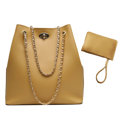 

2Pcs Fashion Women Solid Color Faux Leather Chain Bucket Shoulder Bag Wristlet