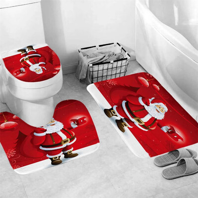 

Gobestart 3Pcs Christmas shower Curtain Bathroom Anti-slip Carpet Rug Toilet Cover Mat Set