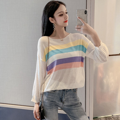 

Women Korean Sweet Sweaters Long Sleeve Light Chic Autumn Thin Kawaii Rainbow Striped Pullovers Knitted Basic Jumpers