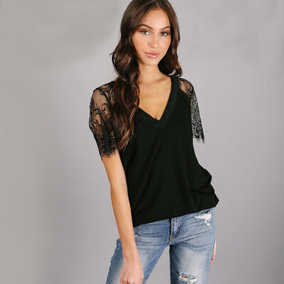 

New Sexy V-Neck Lace Stitching Shirt Summer Women Short Sleeves Tops