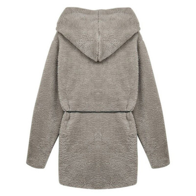 

Women Autumn Winter Fashion Casual Concise Solid Color Cloak Hooded Plush Thick Lamb Cape Coat Belt Decoration