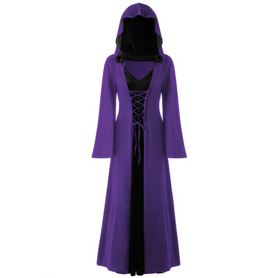 

Gobestart Womens Plus Size Halloween Hooded Lace Up Patchwork Long Sleeve Long Dress