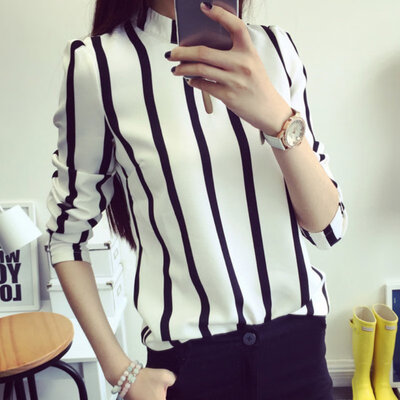 

Women Office Shirts Korean Style Women Hollow Out Long Sleeve Striped Chiffon Blouse