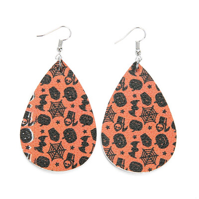 

guangxichuangshengxinfu 1 Pair Chic Halloween Skull Pumpkin Teardrop PU Leather Bohemia Dangle Drop Earrings