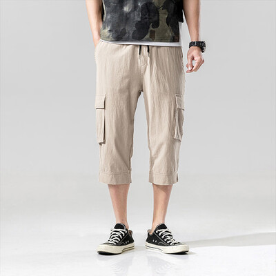 

Tailored Mens Fashion Summer Casual Pocket Solid Drawstring Cotton 34 Pants Trousers
