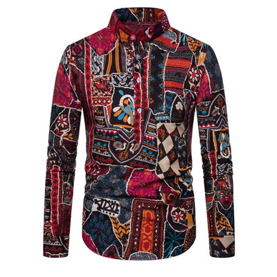 

Tailored Mens Ethnic Long Sleeve Casual Cotton Linen Printing Hawaiian Shirt Blouse