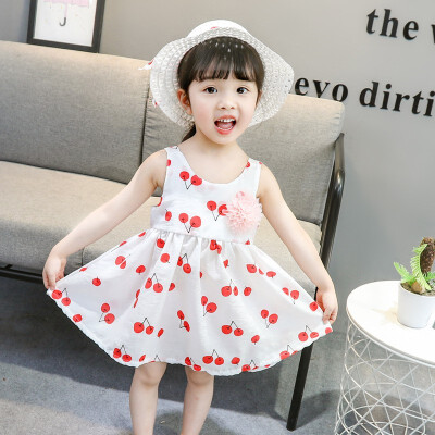 

Baby Summer Girls Vest Dress Cartoon Printed Round Neck Cotton Cherry Print Princess Cute Sweet Sleeveless Vest Dress