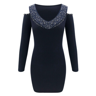 

Women Dress Cold Shoulder Strapless Diamand Solid Long Sleeve V-Neck Women Bodycon Mini Dress