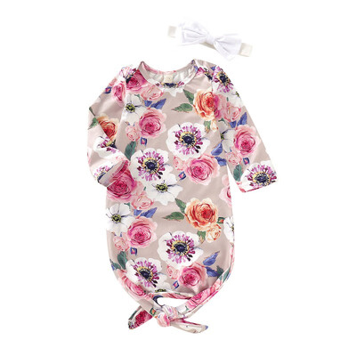 

New Autumn Baby Girls Long Sleeve Rompers Cotton Floral Print Sleepwear OutfitsHeadband Newborn Sleeping Bag Set