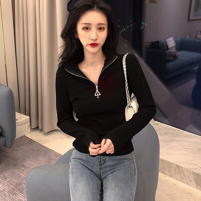 

Sweater Women Korean Knitted Turtleneck Autumn Winter Zipper Up Solid Color Slim Knitting Pullovers Big Size Pull Femme