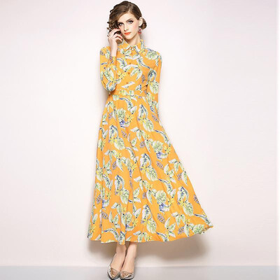 

M L XL XXL elegant new autumn 2018 women long maxi dress long sleeve yellow flower print A line ankle length office lady