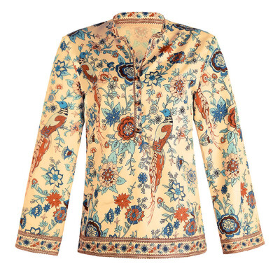 

Women Vintage Ethnic Peacock Bird Floral Print Shirt O-Neck Buttons Fashion Women Long Sleeve Autumn Blouse Loose Tops