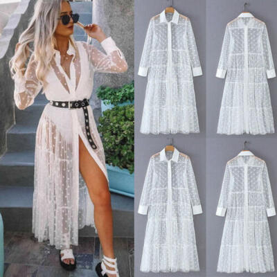 

Women Summer Sexy See Through Long Dress Dot Loose Outside Cover Up Sundress