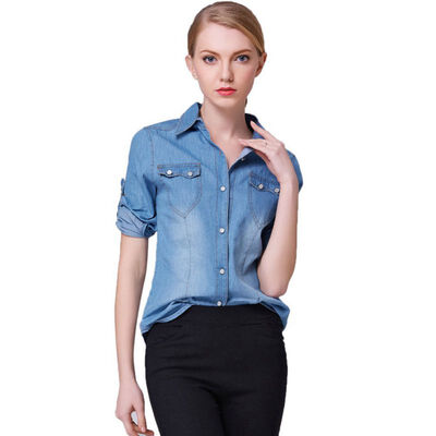 

Spring Women Jean Shirts Blouse Womens Denim Shirts High-End Washing Long-Sleeved Denim Shirt