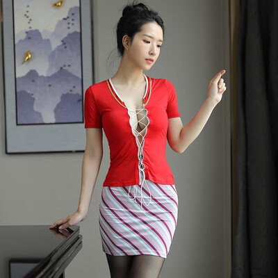 

Women Erotic Airline Hostess Uniform Suit T-shirt Skirt Lace Up Bandage Hollow Out Role Play Lingerie Set