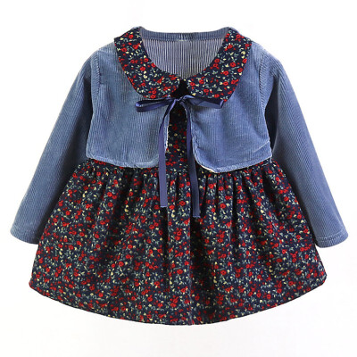 

New Autumn Casual Baby Girls Clothes 0-4T Floral Print Long Sleeve Fake 2 Piece Dress Cute Toddler Kids Sundress