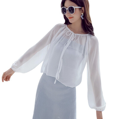 

Women Chiffon Kimono Cardigan Solid Loose Long Sleeve Short Blouse Lace Up Perspective Shirt Summer Beach Cover Up Plus Size