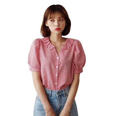 

Women Button Plaid Shirt Short Sleeve Casual Tops Fashion All-match Shirt