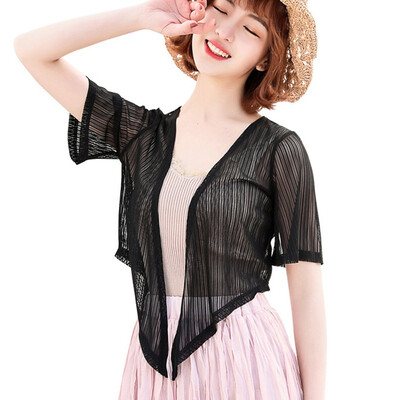 

2019 summer women sunscreen short sleeved little shawl hollow out thin cardigan chiffon top fashion see through top For Women