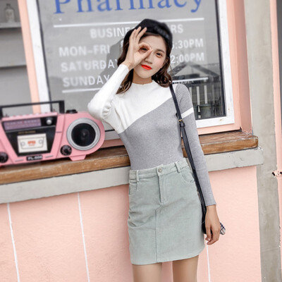 

Autumn Knitted Sweater Pullover Women Long Sleeve Slim Tops Round Neck Womens Geometric Patchwork Casual Sweater