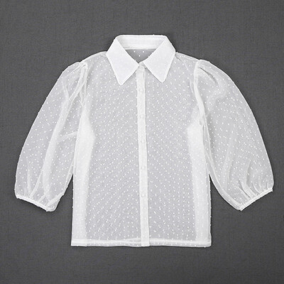 

Autumn New Blouse Women Lace Perspective Loose Polka Dot Lapel Lantern Sleeves Shirt Solid Color Mesh Blusas Mujer De Moda