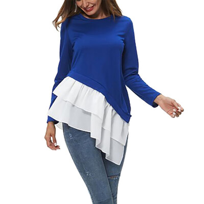 

2019 Autumn Long Sleeve T Shirt Women O-Neck Solid Long Tops Ladies Irregular Patchwork Ruffles Casual T-Shirt Female