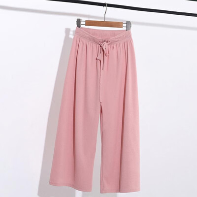 

Women Cropped Pants Ribbed Solid Color Drawstring Elastic High Waist Straight Wide Legs Casual Holiday Wear