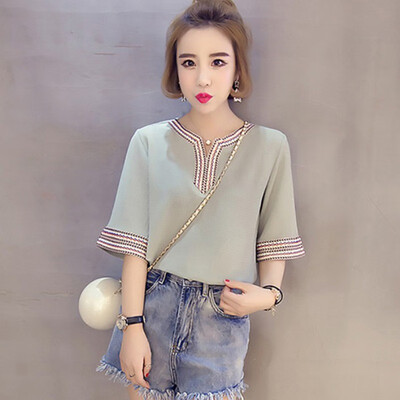 

Women Embroidery Patchwork Blouse V-Neck Short Sleeve Chiffon Blouse Female Shirt Top