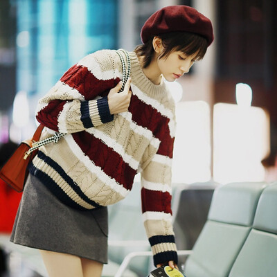 

Women Korean Knit Sweater Female Loose Crewneck Long Sleeve Striped Autumn Harajuku Pullover Punk Pull Jumper