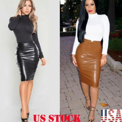 

New Women PU Wet Look High Waist Box Black Skirt Ladies Girls Skirt 6-14