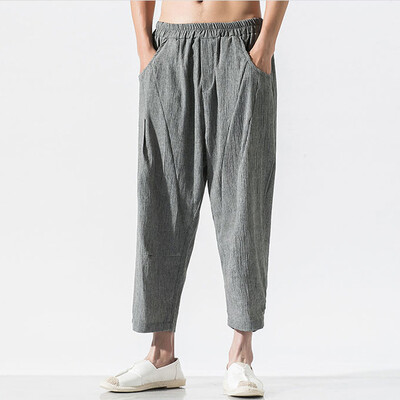 

Gobestart Mens Casual Vintage Loose Cotton Linen Pure Color Comfort Calf-Length Pant