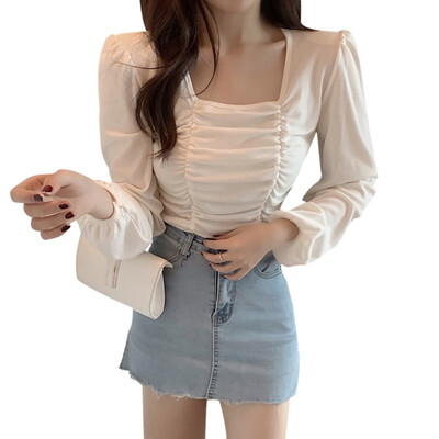 

Square Collar T Shirt Women Wrinkle Leakage Clavicle Tshirt Solid Color Loose Long Sleeve Casual Simple Wild T-Shirt Tops