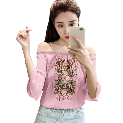 

2019 Fashion Summer Sexy Women Chiffon Blouse Off Shoulder Print Floral Casual Blouses Flare Sleeve Shirts