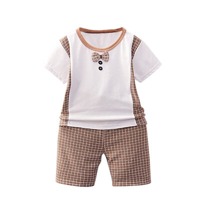 

Summer Kids Boys Short Sleeve Bow Tie Tops Blouse T-shirtPlaid Shorts Children Casual Outfits Sets Childrens Clothing