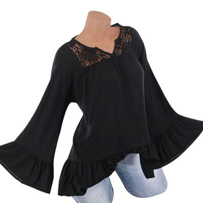 

Fashion Women Blouse Loose Lace Patchwork V-Neck T-shirt Ruffle Hem Tops