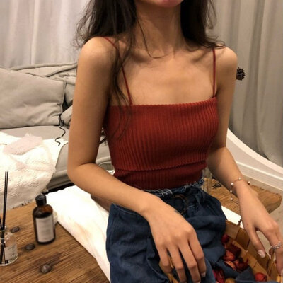 

2019 Womens Sleeveless Sexy Spaghetti Strap Solid Knitted Tank Top