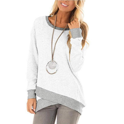 

Round Collar Long Sleeve T-shirt Women Casual Patchwork Irregular Tops