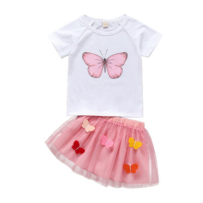

Baby Girl Skirt Set Casual Summer Butterfly Print Short Sleeve T-shirtMini Mesh Skirt Suits 2Pcs Costume Set