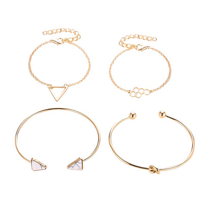 

4 Pc Set Women Fashion Multi-Layer Triangle Opening Chain Bracelet Bangles Wristband