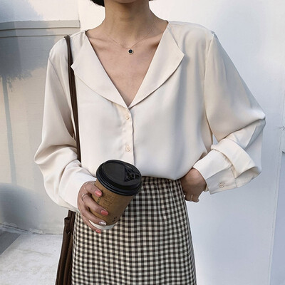 

Autumn Women Vintage Shirt V neck Sexy Loose Solid Color Satin Retro Long Sleeve Famale Blouses Fall Clothes Tops