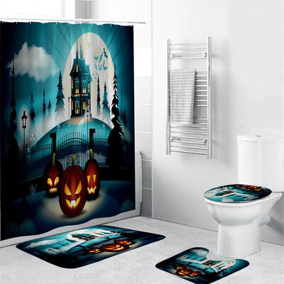 

〖Follure〗Halloween festival 4PCS Non Slip Toilet Polyester Cover Mat Set Bathroom Curtain