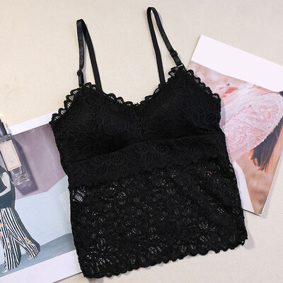 

Sexy V-neck Beauty Back Adjustable Shoulder Strap Detachable Chest Pad Vest Lace Patchwork Solid Tank Camis Tops Female