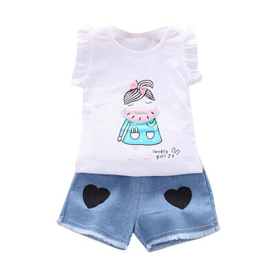 

Summer Girls Clothes Set Cotton kids Clothes Denim Shorts Casual Sleeveless Tops VestShorts Suits