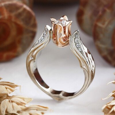 

Exquisite Rose Gold Rose Floral Ring Flower Wedding Jewelry
