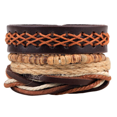 

Bohemian National Style Wooden Beads Wax Rope Leather Rope Manual Weaving Flanging Bracelet 4-Piece Set Unisex Pair Jewellery
