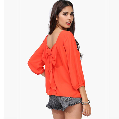 

Women Sexy Backless Bowknot Blouse Shirt Summer Elegant Solid Color Women Tops Casual O Neck Long Sleeve Tops And Blouses