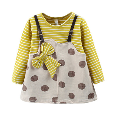 Polka Dot Print Girls Dress Autumn Kids Sundress With Bowknot Casual Baby Girls Striped Long Sleeve Fake 2 Piece Dress